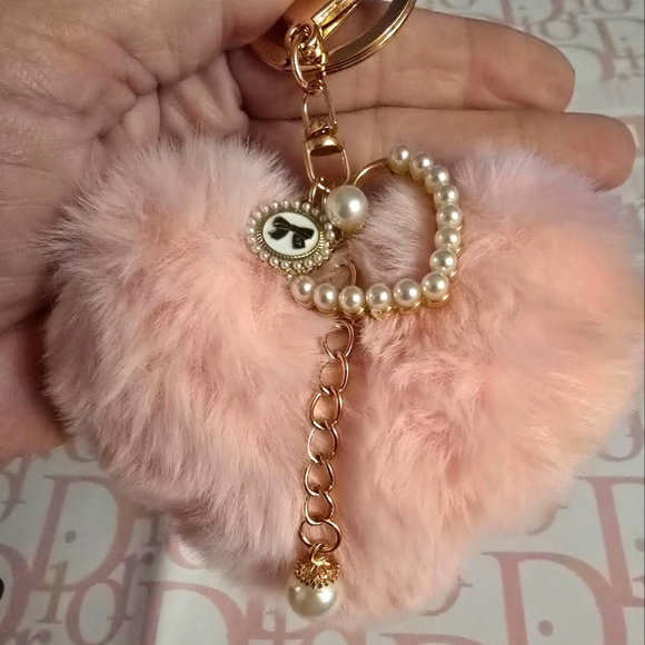 Accessories - Bag Charm - Plush Pink Heart with Faux Pearl and Gold Accents